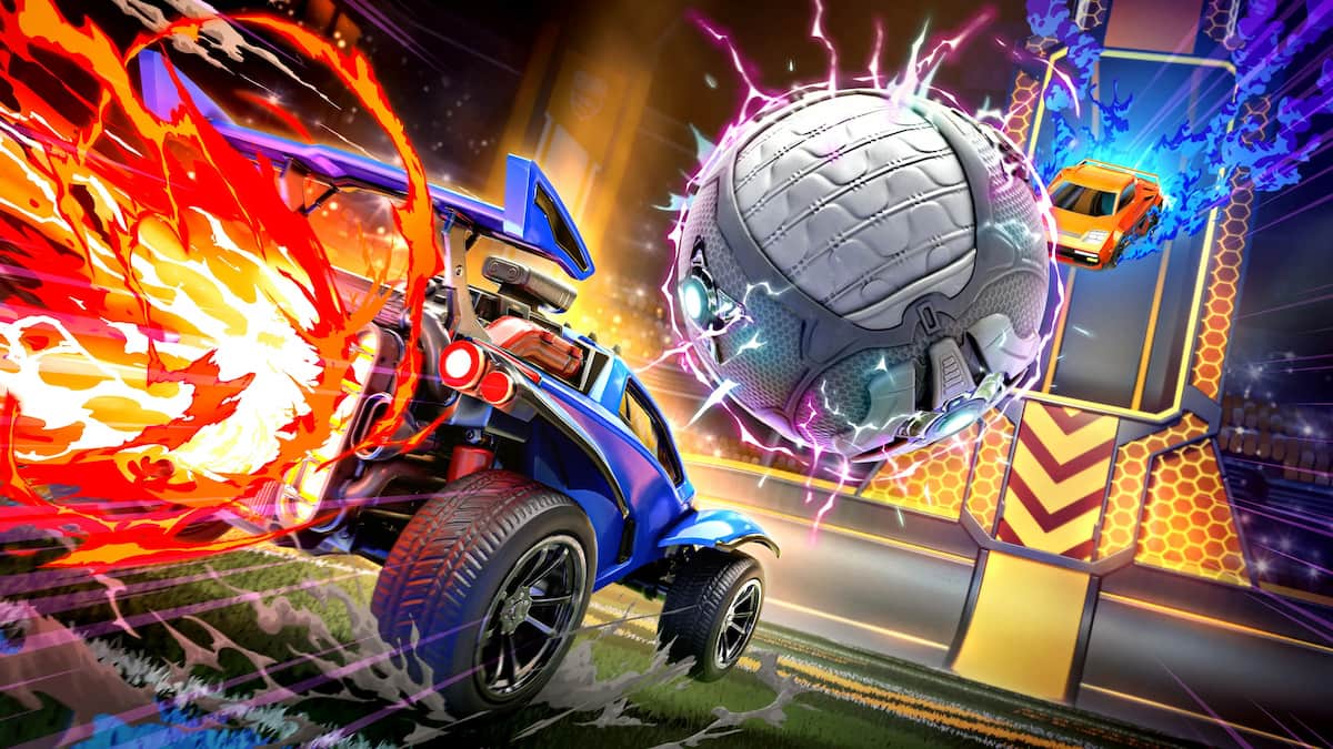 carros de corrida com raios e chamas e bola de futebol no jogo rocket league mobile