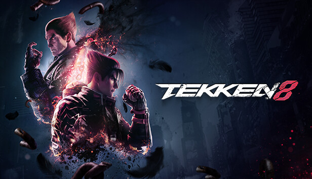 A imagem mostra o banner de divulgação do jogo Tekken 8, da Bandai Namco, com dois personagens texturizados em chamas
