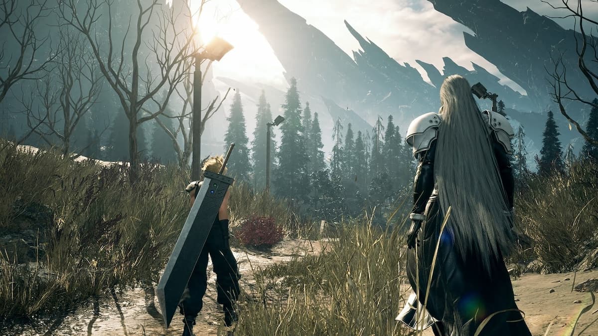 personagem com espada gigante nas costas olhando para horizonte em bosque no jogo final fantasy VII rebirth