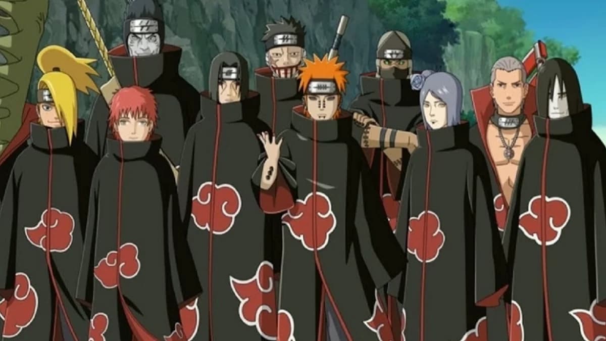 personagens integrantes da akatsuki, organização do mal com uniforme preto com nuvens vermelhas