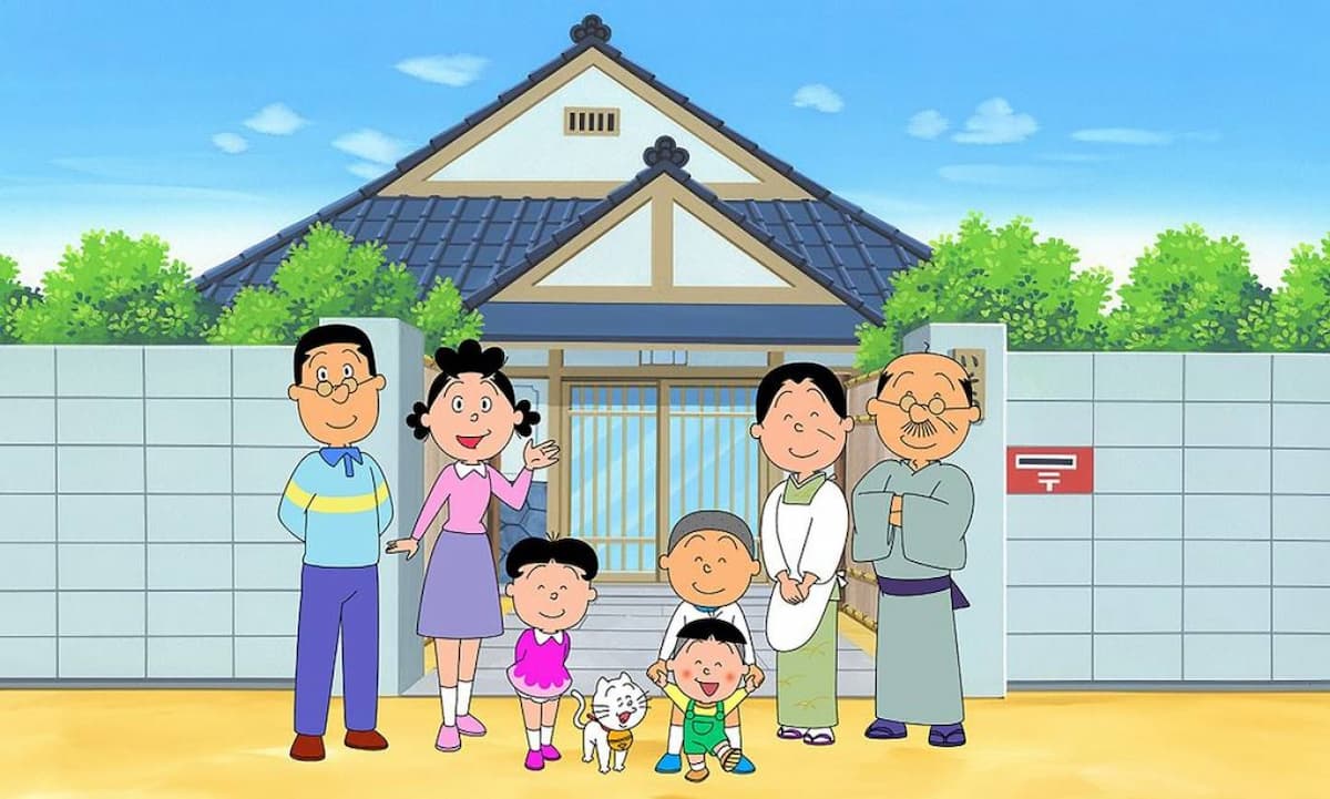 familia tradicional japonesa em frente a sua casa em um dos animes com mais episódios, sazae-san