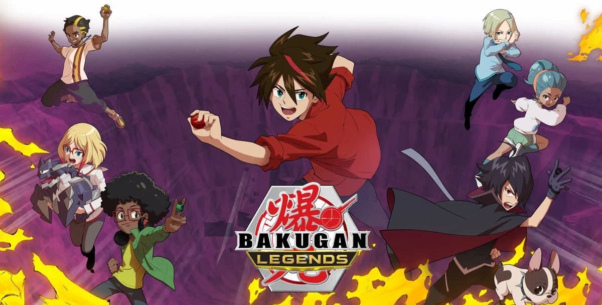personagens do anime bakugan com cachorro e elementos de fogo no banner