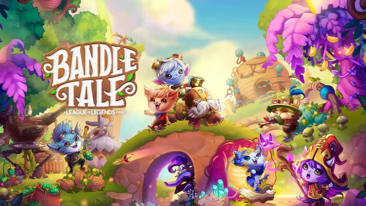 banner de divulgação do jogo bandle tale, cenário de vila com criaturas peludas chamadas yordle