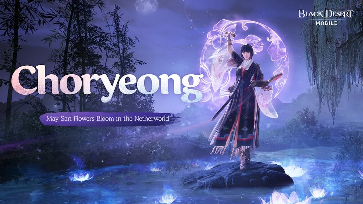 personagem com temática de folclore coreano no jogo black desert mobile e texto escrito "choryeong"