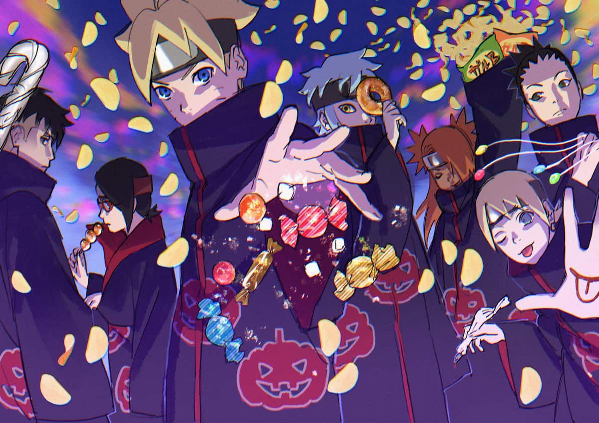 personagens de boruto como membro da akatsuki em arte de halloween. personagens do anime com roupa preta com nuvens vermelhas