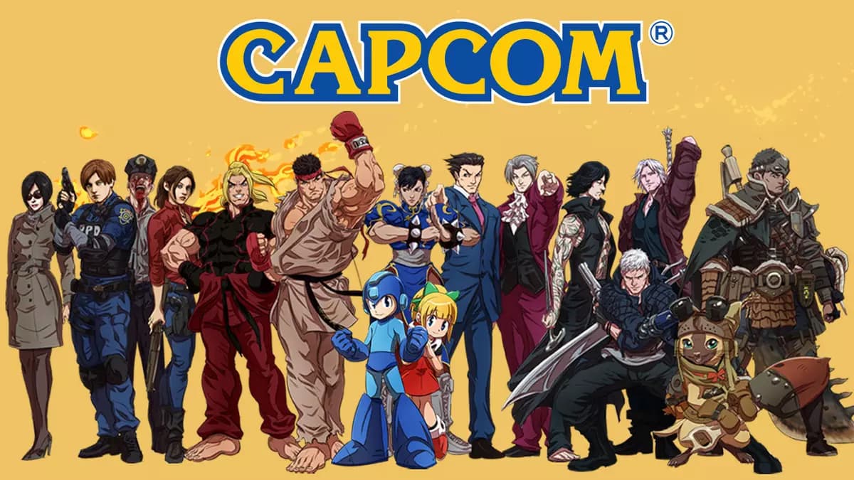 Vários personagens da empresa de jogos Capcom juntos. Acima deles, está escrito o nome da empresa.
