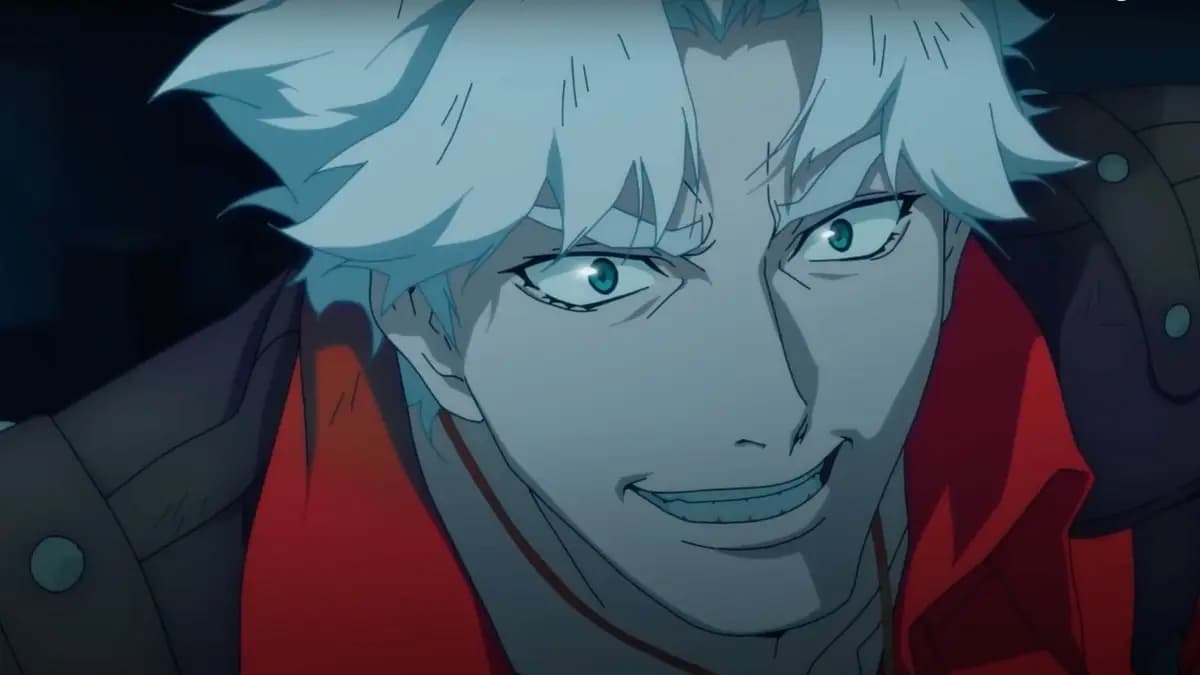 homem de cabelo branco em estilo de anime, personagem dante de devil may cry em animação da netflix