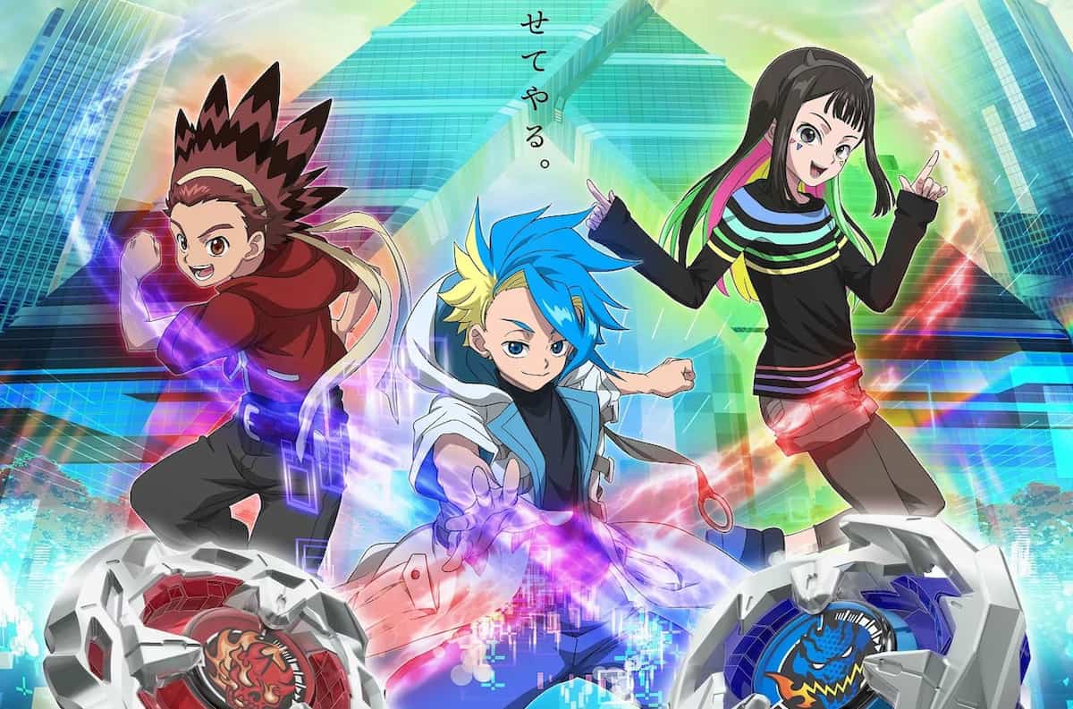 personagens do novo anime de beyblade no banner de divulgação com os peões e elementos de poderes