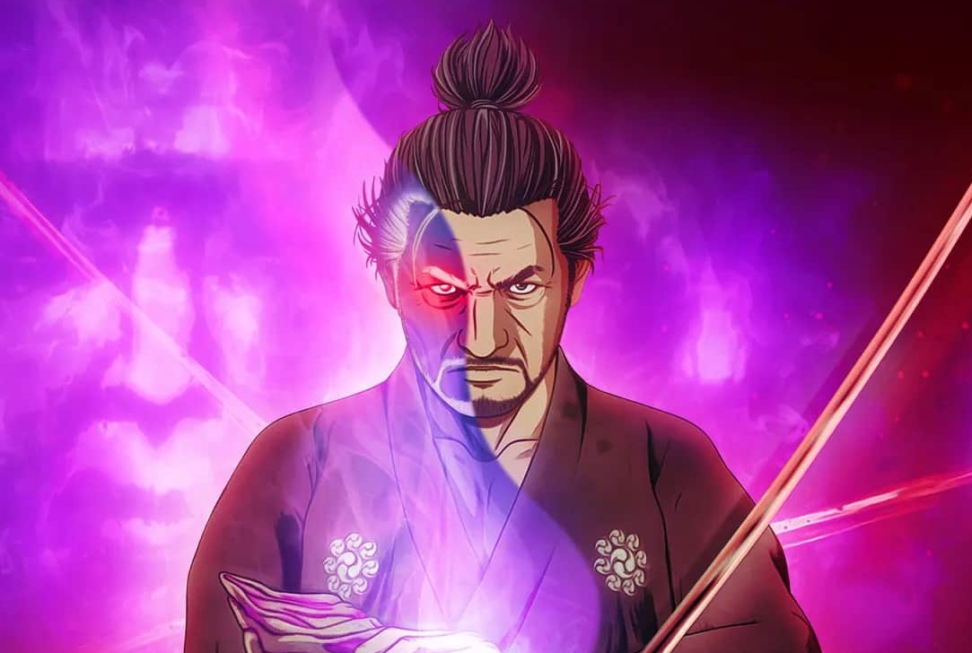 samurai do anime onimusha, com metade do rosto como demônio roxo japonês