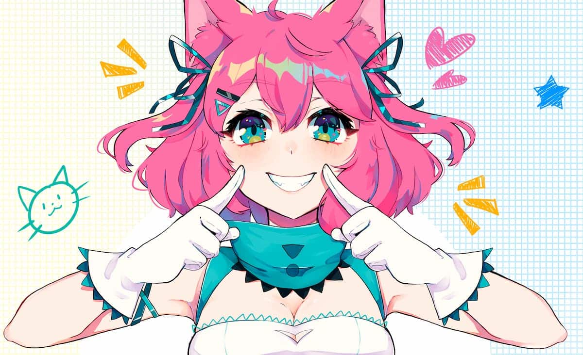mascote da plataforma de streaming de animes anime onegai, menina de cabelo rosa com roupa em estilo de gato