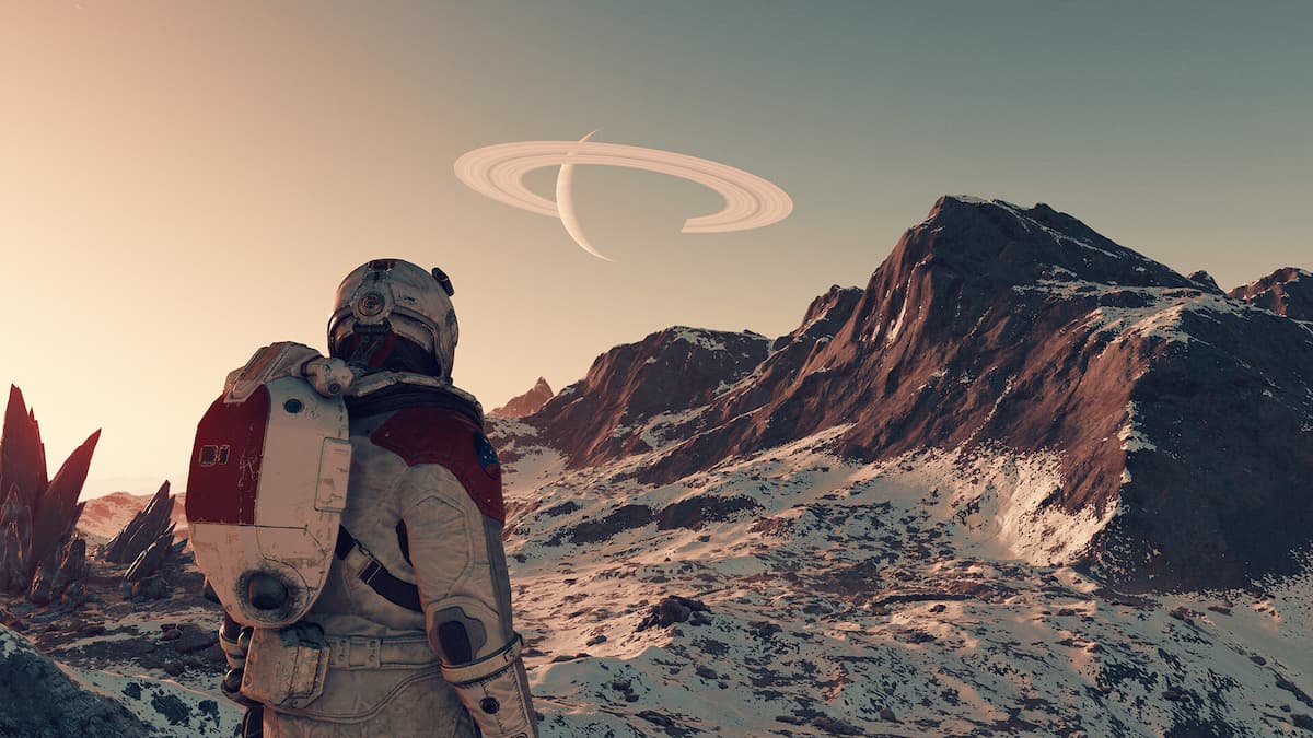 astronauta no jogo starfield olhando para o céu com um planeta com anéis