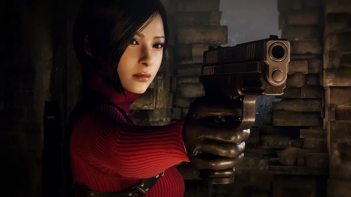 espiã do jogo resident evil 4 remake asiática de cabelo curto e apontando arma