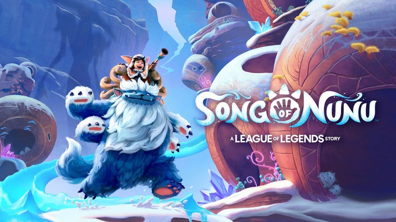banner do jogo song of nunu: a league of legends story com ambiente de gelo e personagens do lol