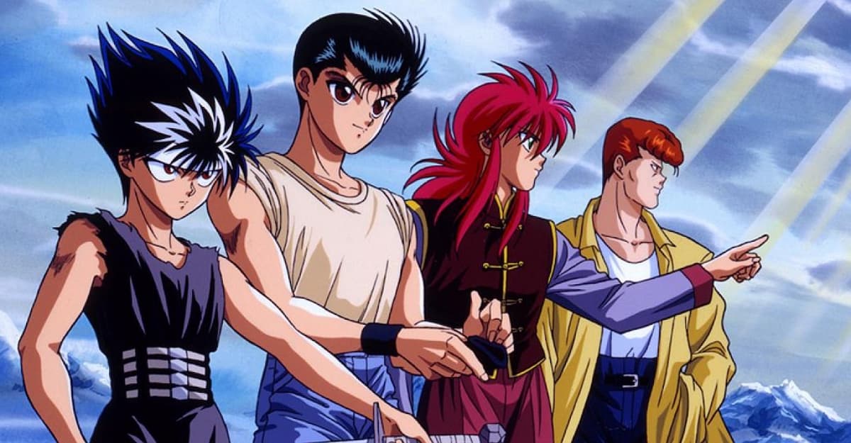 personagens do anime yu yu hakusho com roupas dos anos 1990. Da esquerda para a direita, estão dispostos: Hiei, Yusuke, Kurama e Kuwabara.