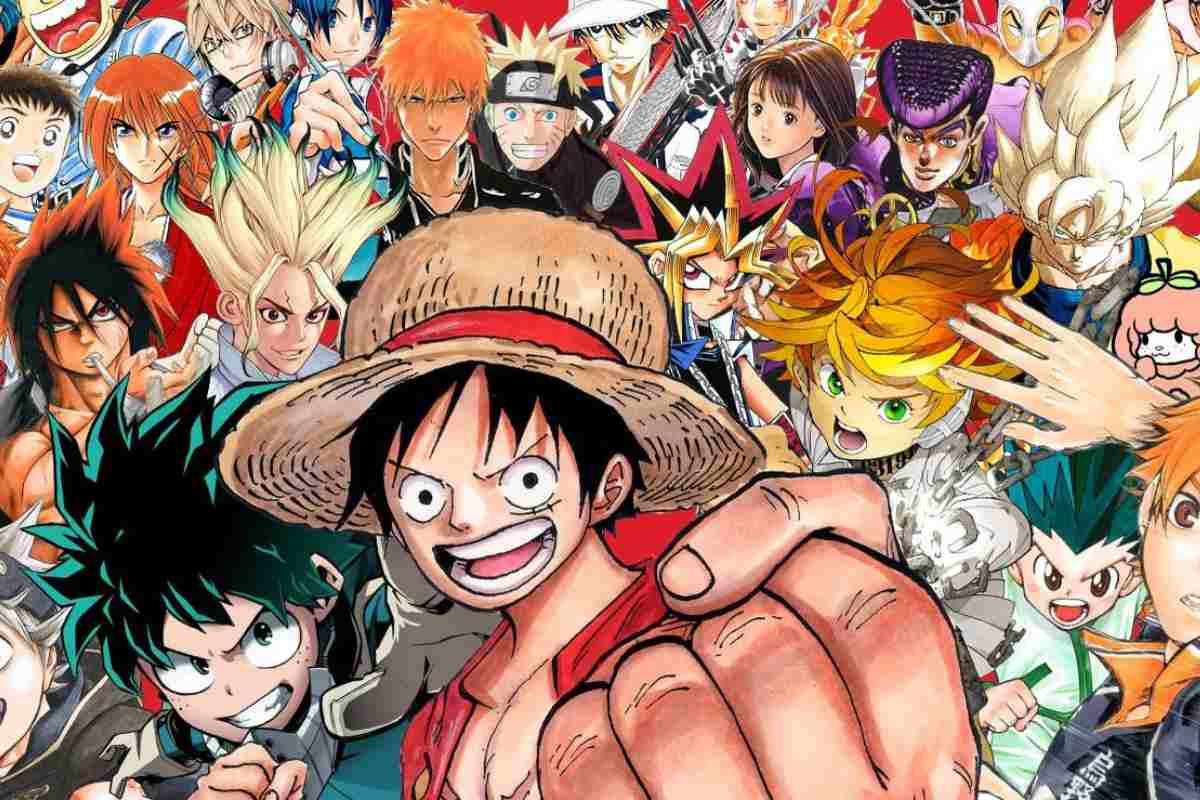 Anime. Fotomontagem com dezenas de personagens de animes, como Naruto, Ichigo,Yusuke, Josuke e muitos outros.