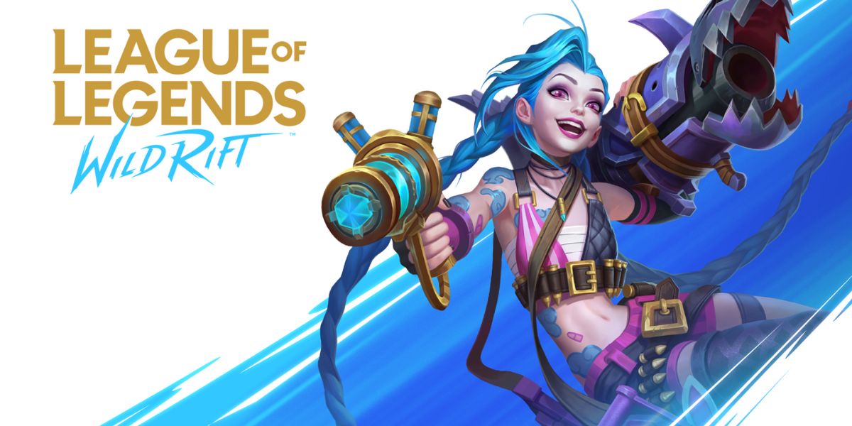 Banner de divulgação do Jogo MOBA League of Legends Wild Rift. A personagem Jinx está ao lado direito da imagem e ao lado esquerdo está o o título do jogo.
