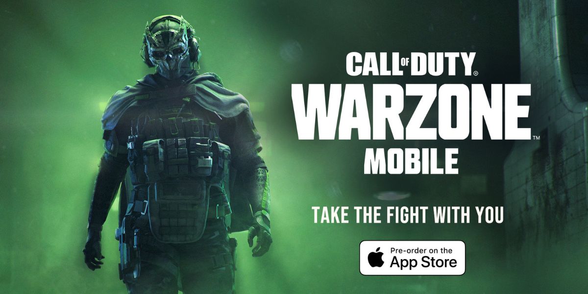 Banner de divulgação do jogo Call of Duty Warzone. Nela, vê-se a ilustração de uma pessoa uniformizada com roupas militares e com máscara de caveira, andando contra uma luz esverdeada.