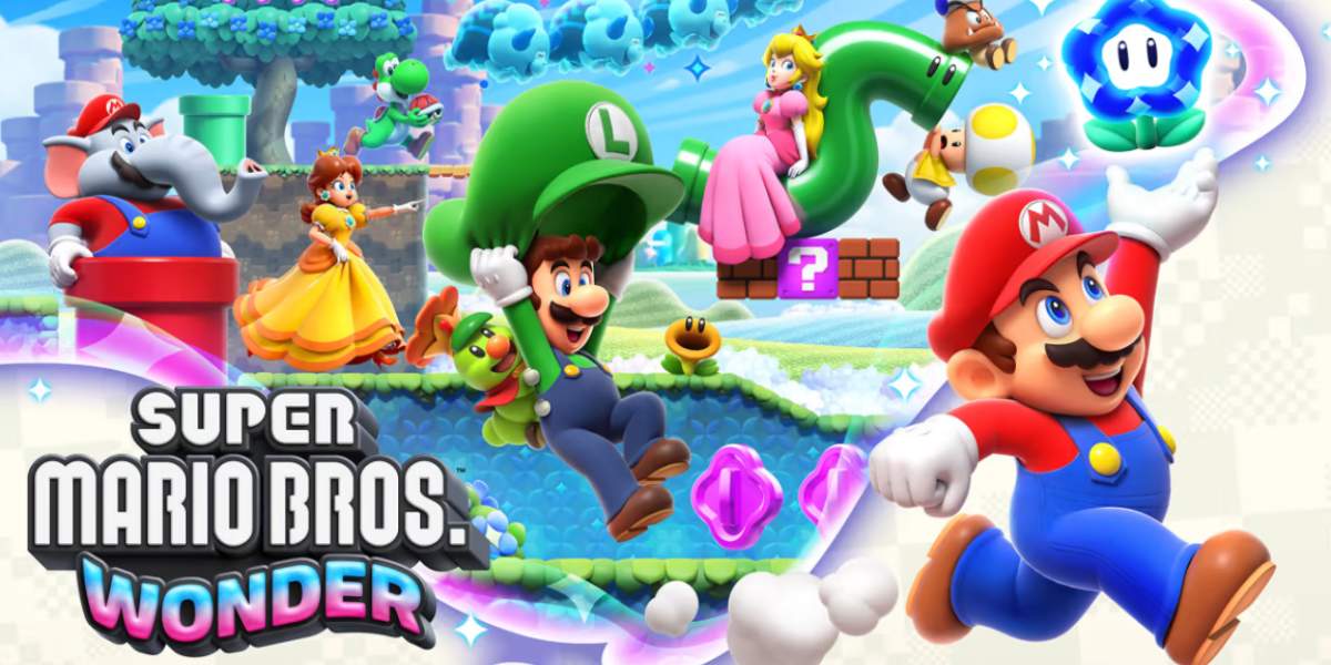 Banner de divulgação do jogo Super Mario Bros. Wonder. Na ilustração, Mário, Luigi, Peach, Daisy e outros personagens estão caminhando animadamente pelo mundo do game.