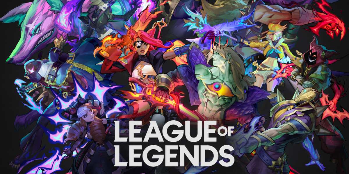 Diversos personagens de League of Legends. Sobre eles está o nome do jogo.