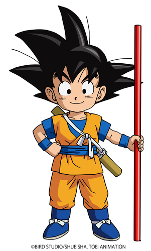 Goku, protagonista da série. Ele é um garoto branco de cabelos espetados na cor preta e usa roupas nas cores azul e laranja