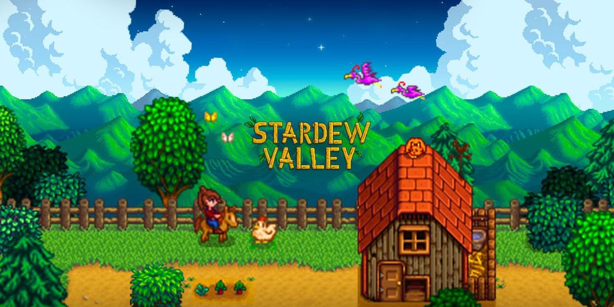 Imagem de divulgação do jogo Stardew Valley. Há a ilustração de uma fazenda, um personagem cavalgando ao lado de uma galinha.