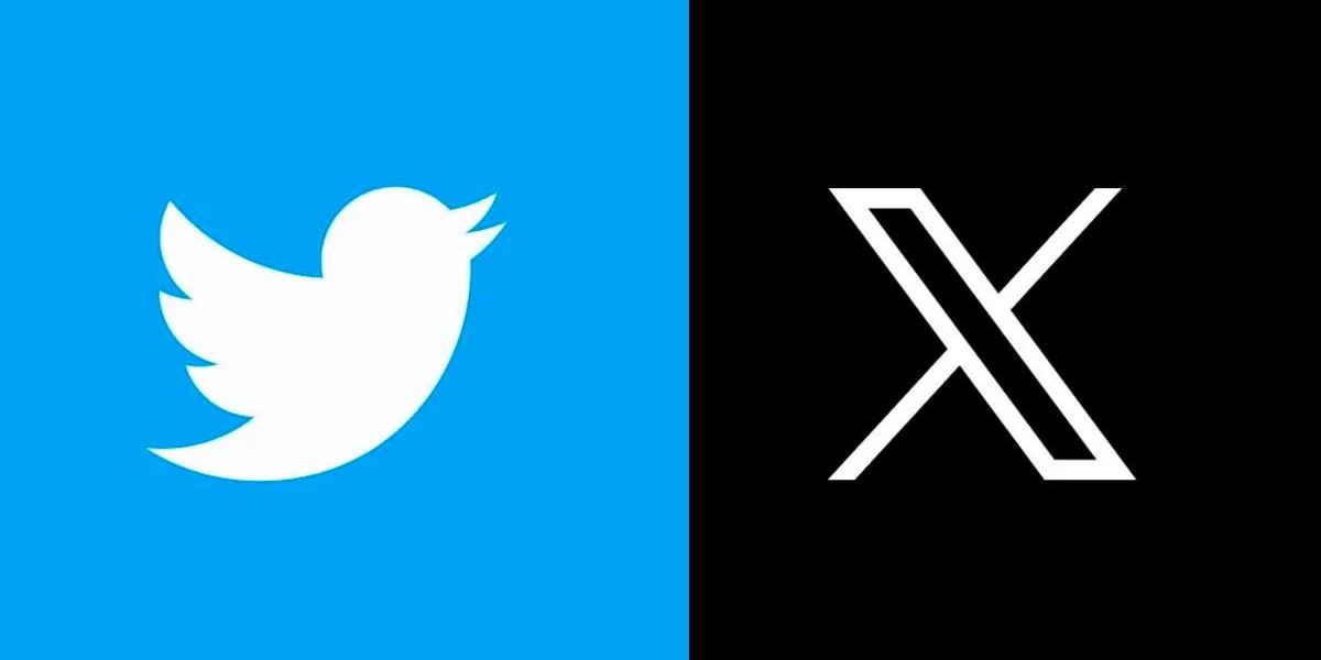 Logo clássica do Twitter, um pássaro branco em um fundo azul, ao lado da logo nova, um X branco em um fundo preto.