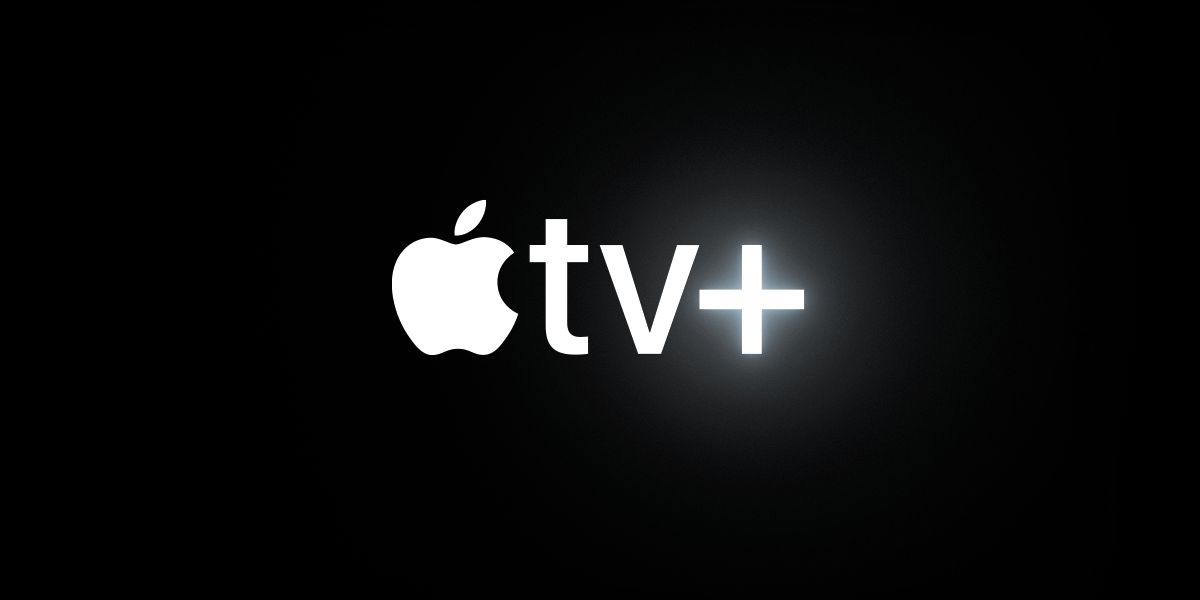 Logo da Apple TV+: uma maçã ao lado de tv e o símbolo de mais, tudo na cor branca em um fundo preto.