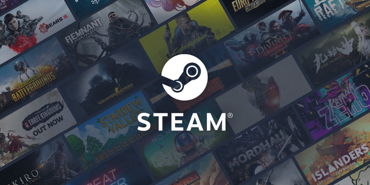 Logo e nome do software Steam centralizados na imagem e ao fundo diversos jogos sob domínio da empresa.