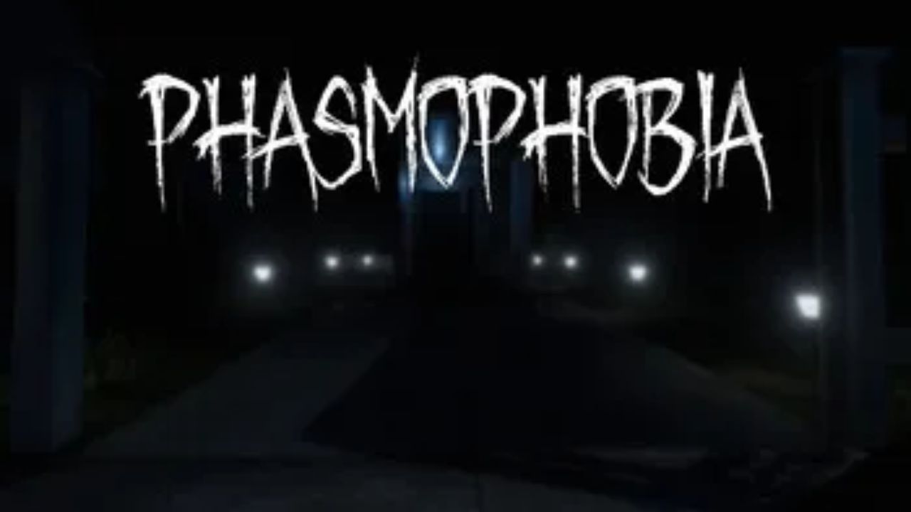 Imagem do jogo Phasmophobia, com um ambiente escuro, o nome do gabe em letras brancas está na parte superior.