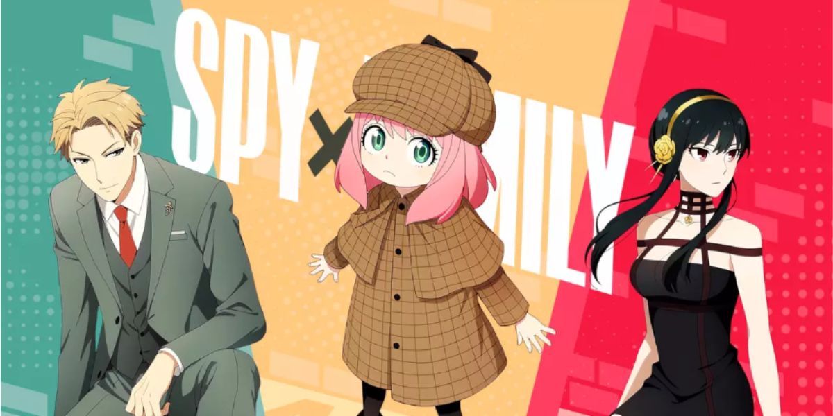 Pôster de divulgação do anime SPY X FAMILY. Nela, estão três personagens, Anya Forger ao meio, Loid Forger à esquerda e Yor Forger Pa direita. Ao fundo está escrito o nome do anime.