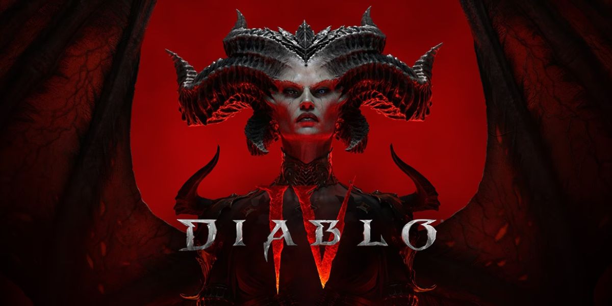 Pôster de divulgação do jogo Diablo IV, em que um demônio feminino está no centro da imagem.