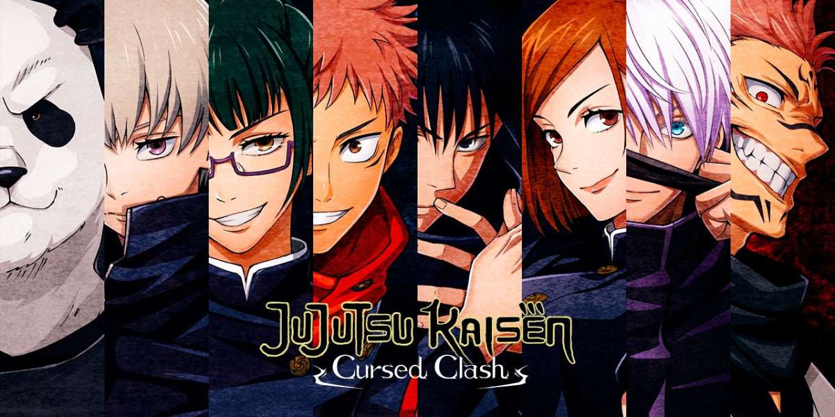 Pôster de divulgação do jogo Jujutsu Kaisen Cursed Clash. Estão dispostos, da esquerda para a direita, os personagens: Panda, Toge Inumaki, Maki Maki Zen’in, Yuji Itadori, Megumi Fushiguro, Nobara Kugisaki, Satoru Gojo, Sukuna. Sobre eles está o nome do jogo.