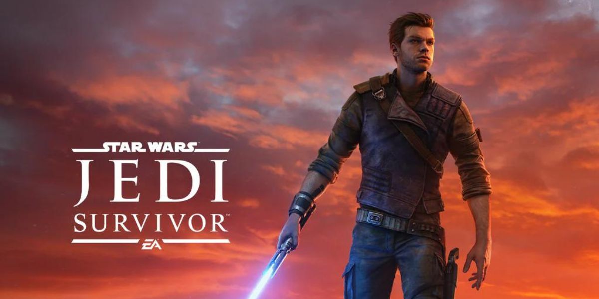 Pôster de divulgação do jogo Star Wars Jedi: Survivor. Nele, o protagonista está em um ambiente montanhoso durante o pôr do sol, segurando um sabre de luz.