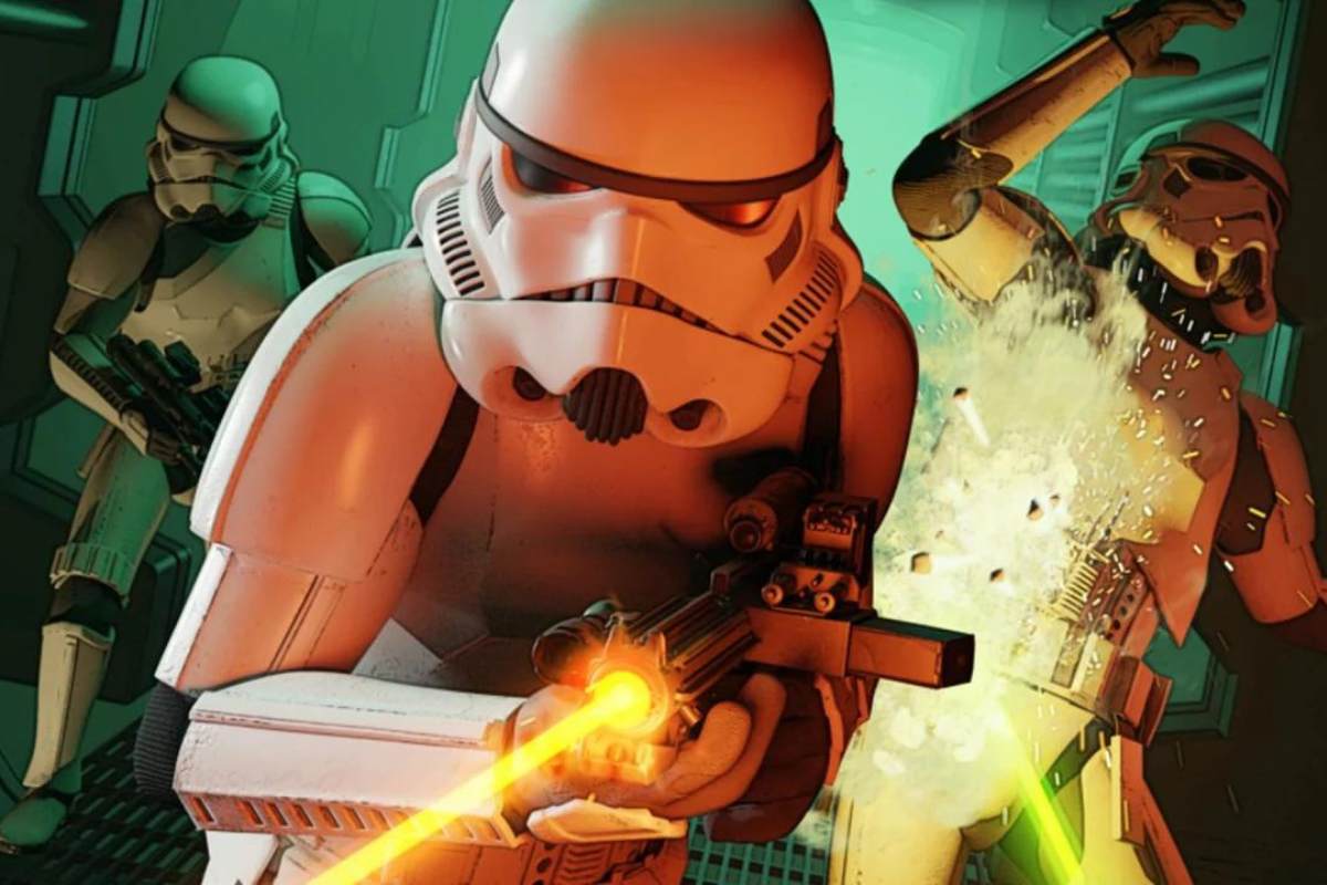 Pôster de divulgação do jogo Star Wars: Dark Forces. Nele, há três Stormtroopers armados; um está andando, um está atirando e outro está sendo alvejado.