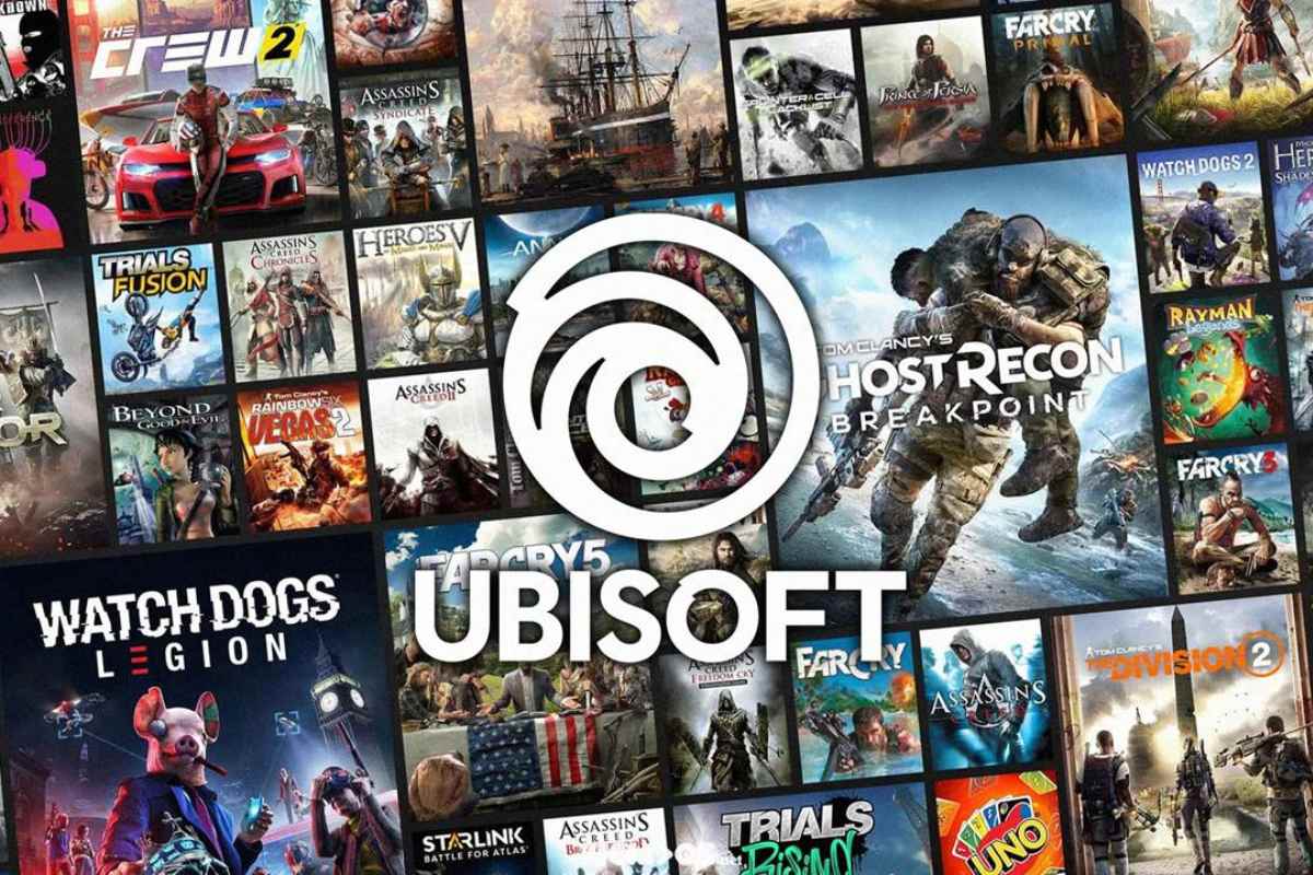 Banner de divulgação da desenvolvedora de jogos Ubisoft. Ao centro está o nome da marca e ao fundo há diversas imagens de suas produções.