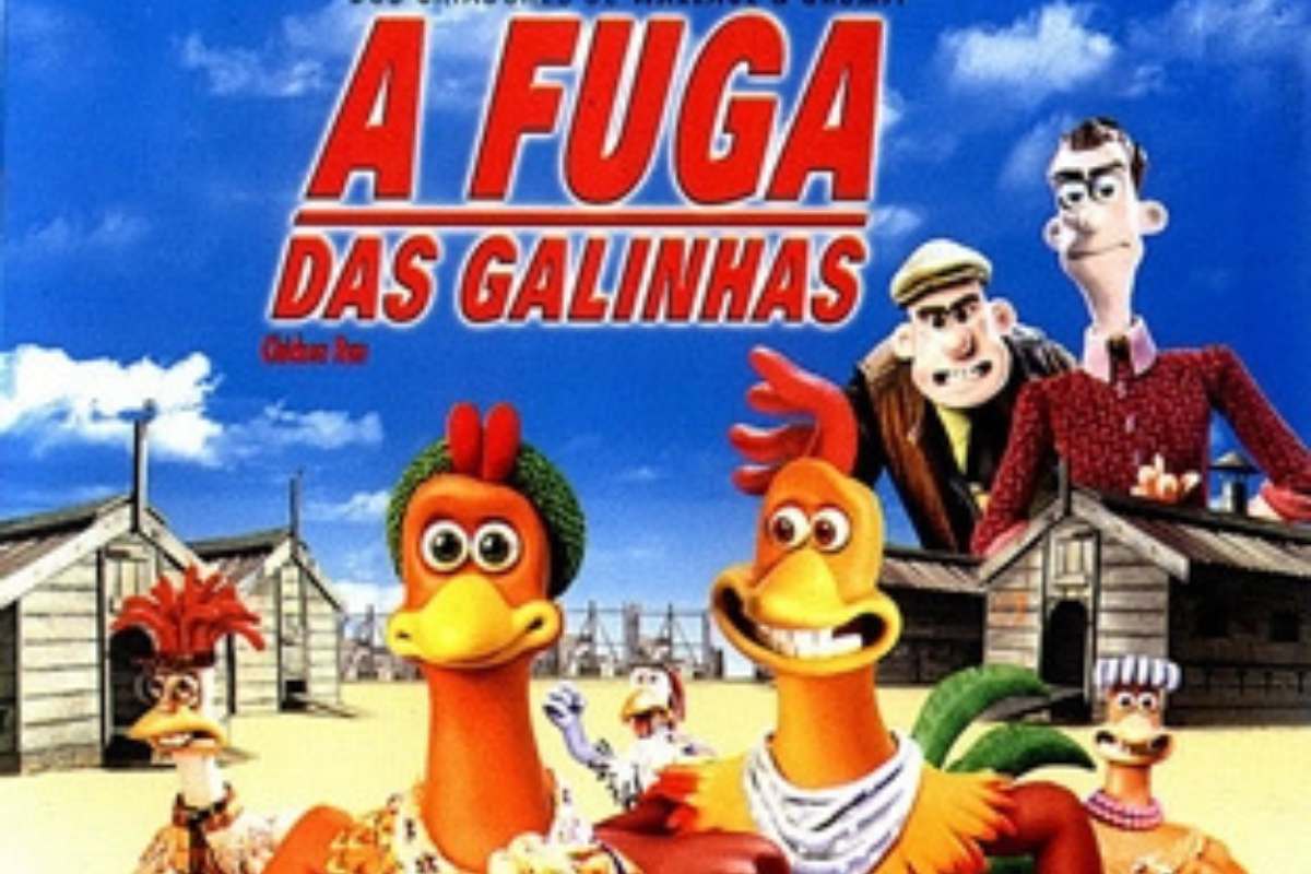 A Fuga das Galinhas. Capa do DVD do filme A Fuga das Galinhas. Nela, as galinhas estão em primeiro plano correndo com um sorriso no roso, e ao fundo estão seus donos, com semblantes raivosos. No topo da imagem está o nome do filme.