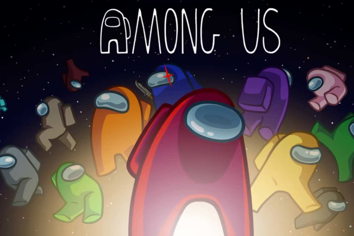 Among Us. Capa do jogo Among Us, onde diversos astronautas, com trajes de diferentes cores, estão flutuando no espaço. Acima está escrito em branco o título do jogo.