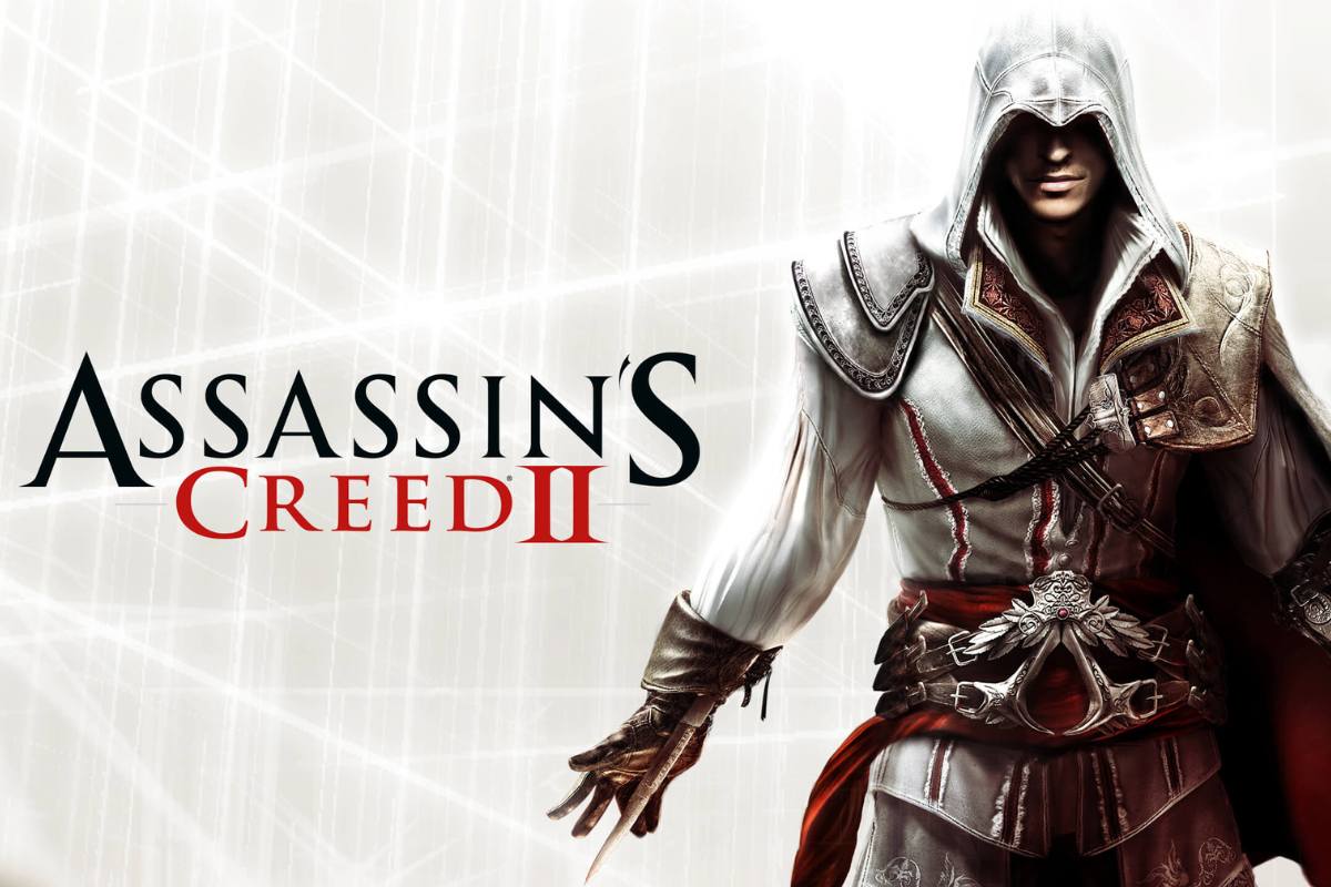 Assassin's Creed II. Pôster de divulgação do jogo Assassin's Creed II. Nele, o protagonista Ezio Auditore está à esquerda, exibindo suas lâminas. Ao lado esquerdo está o título do game.