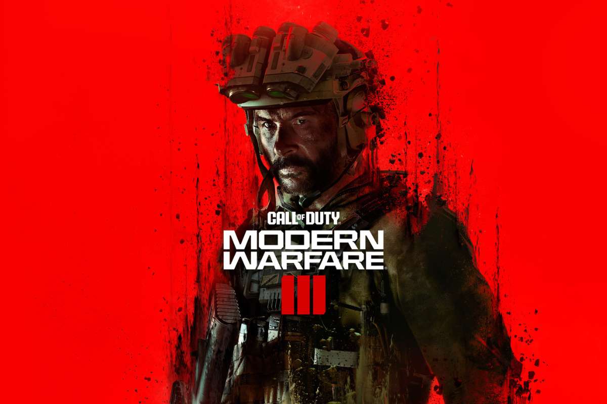 Call of Duty: Modern Warfare III. Personagem de Call of Duty: Modern Warfare III em um fundo vermelho sangue e sobre ele o título do game.