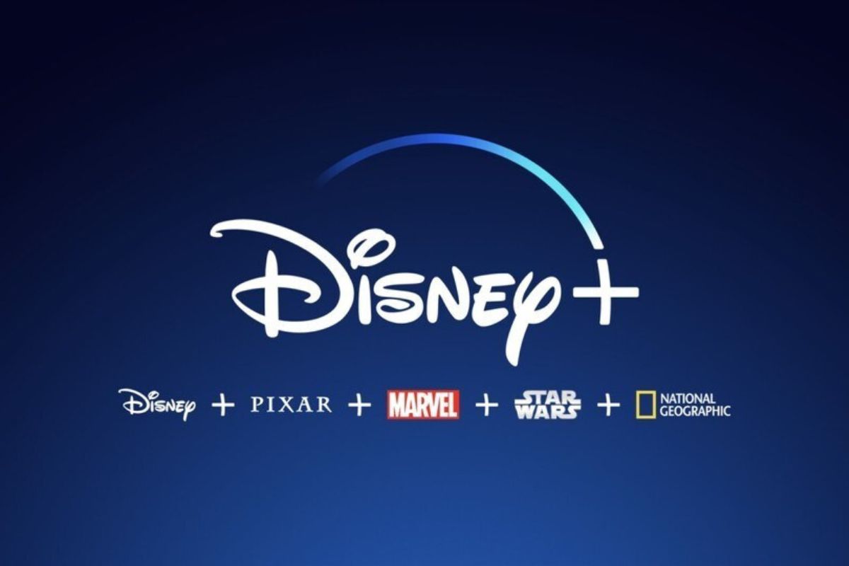 Disney+. Pôster de divulgação da Disney+, com o nome do streaming no centro e abaixo as marcas pertencentes à companhia. Da direita para a esquerda, aparecem Diney, Pixar, Marvel, Star Wars e National Geographic.