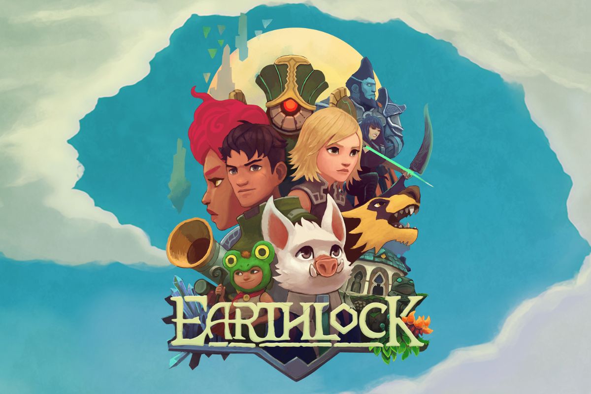 Earthlock. Banner do jogo Earthlock ao fundo um cenário de nuvens azul. No centro, uma reunião de diversos personagens. Sobreposto aos personagens está o título do jogo.