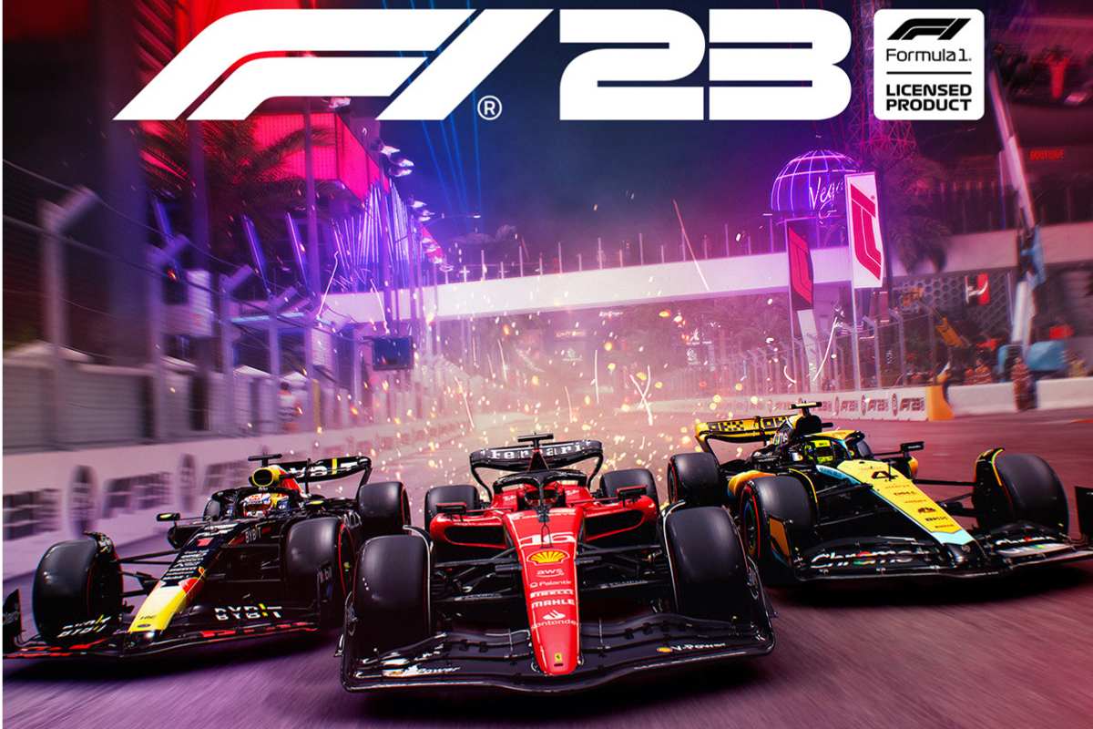 F1 23. Pôster de divulgação do jogo F1 23, no qual 3 carros de fórmula 1 estão correndo em pista e acima está o título do jogo.