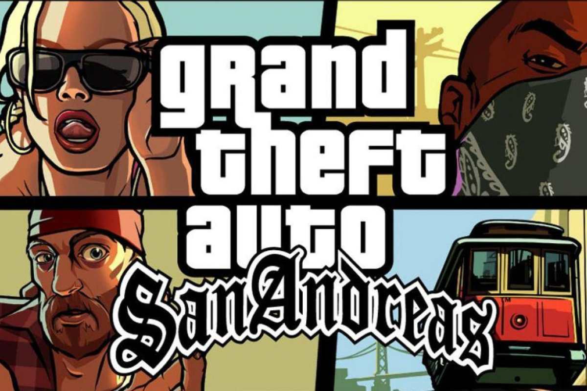GTA San Andreas. Wallpaper do jogo GTA San Andreas, com o nome do game ao centro e imagens de personagens e um bonde em quadros ao redor.