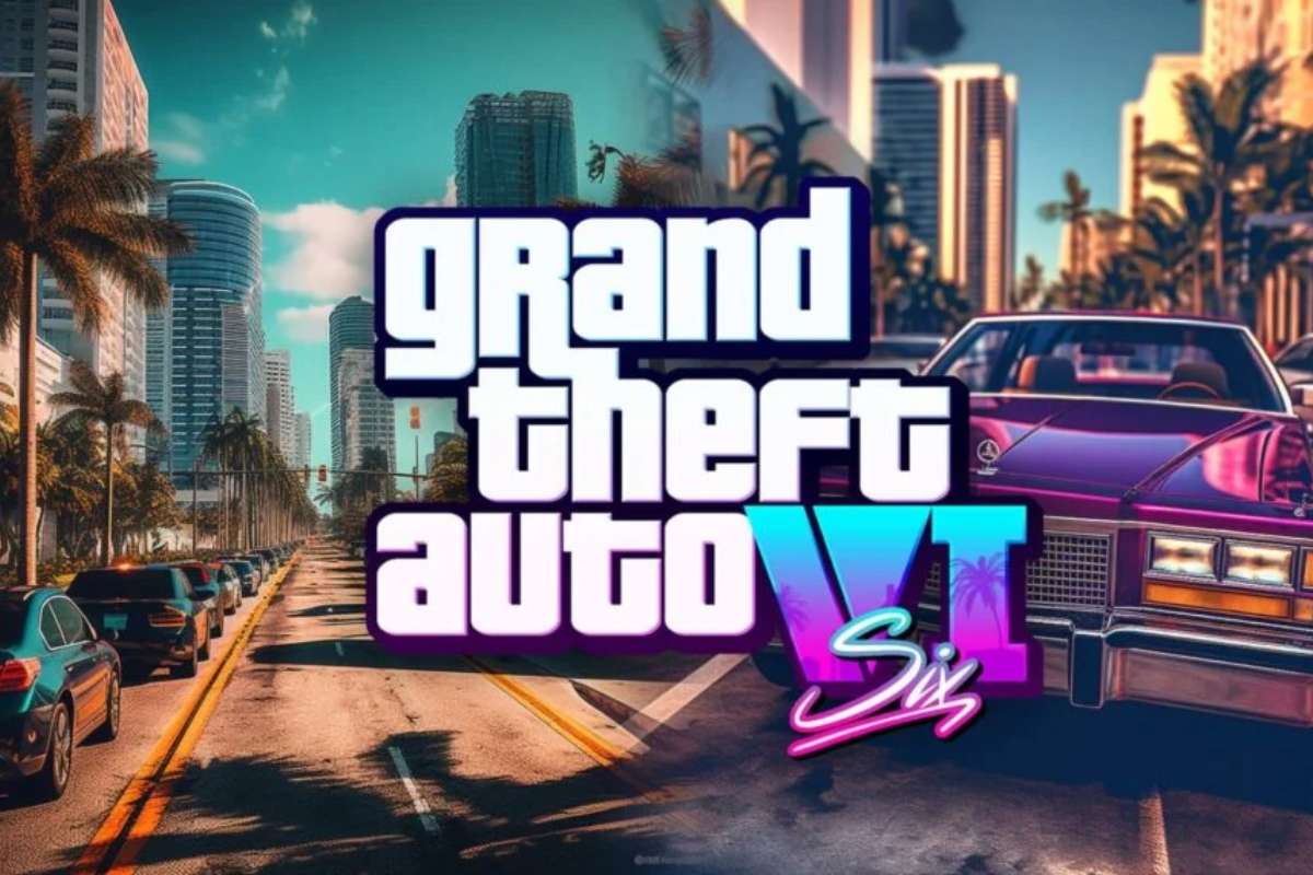 GTA VI. Carro estiizado violeta andando por cidade urbana tropical, com muitos coqueiros e sol. Ao centro está o nome do jogo GTA VI, "Grand Theft Auto VI".