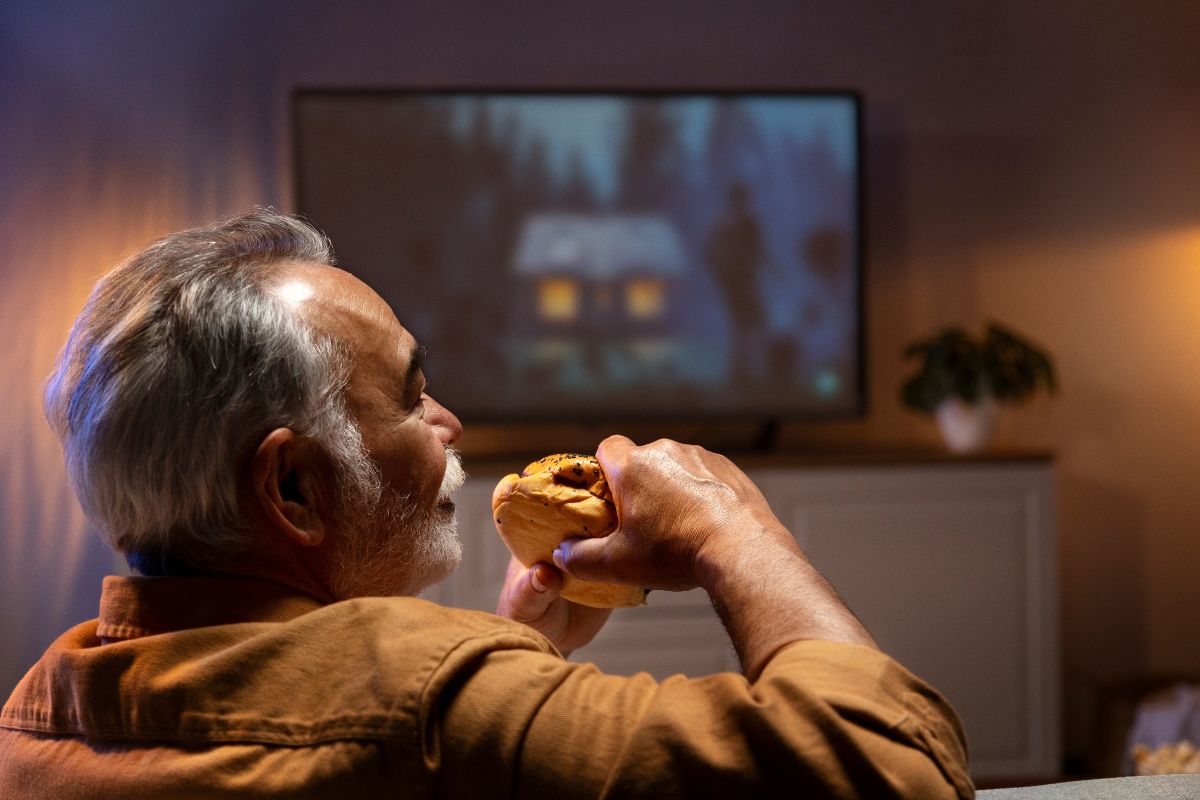 Homem idoso sentado no sofá, de costas para a câmera, assistindo programa de tv enquanto come um lanche