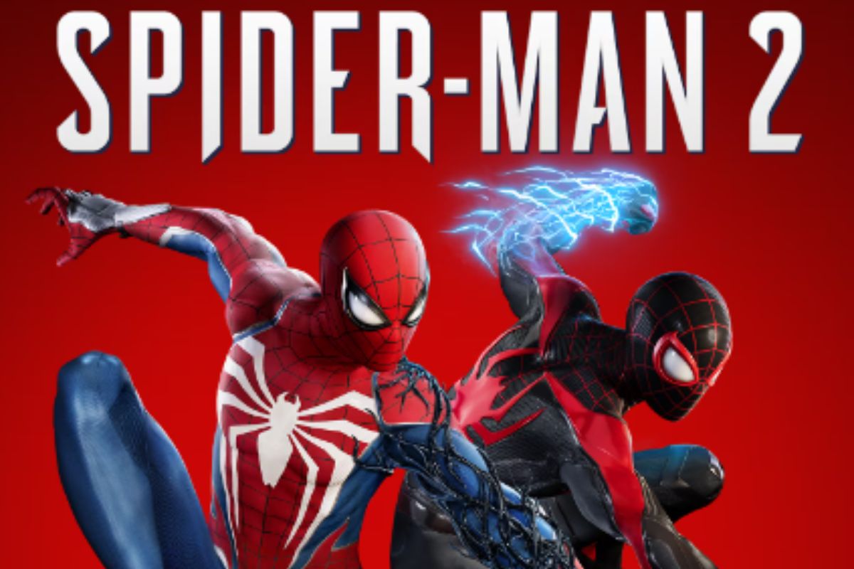 Spider-Man 2. Pôster do jogo Spider-Man 2. Nele, há dois Homens-Aranha vestido com uniformes diferentes. No topo da imagem está o título do game.