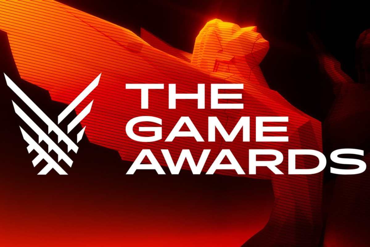 The Game Awards. Banner de divulgação da premiação The Game Awards. Na imagem há uma estatueta com asas em cores douradas. Sobreposto a isso está o nome da premiação e seu logo à esquerda.