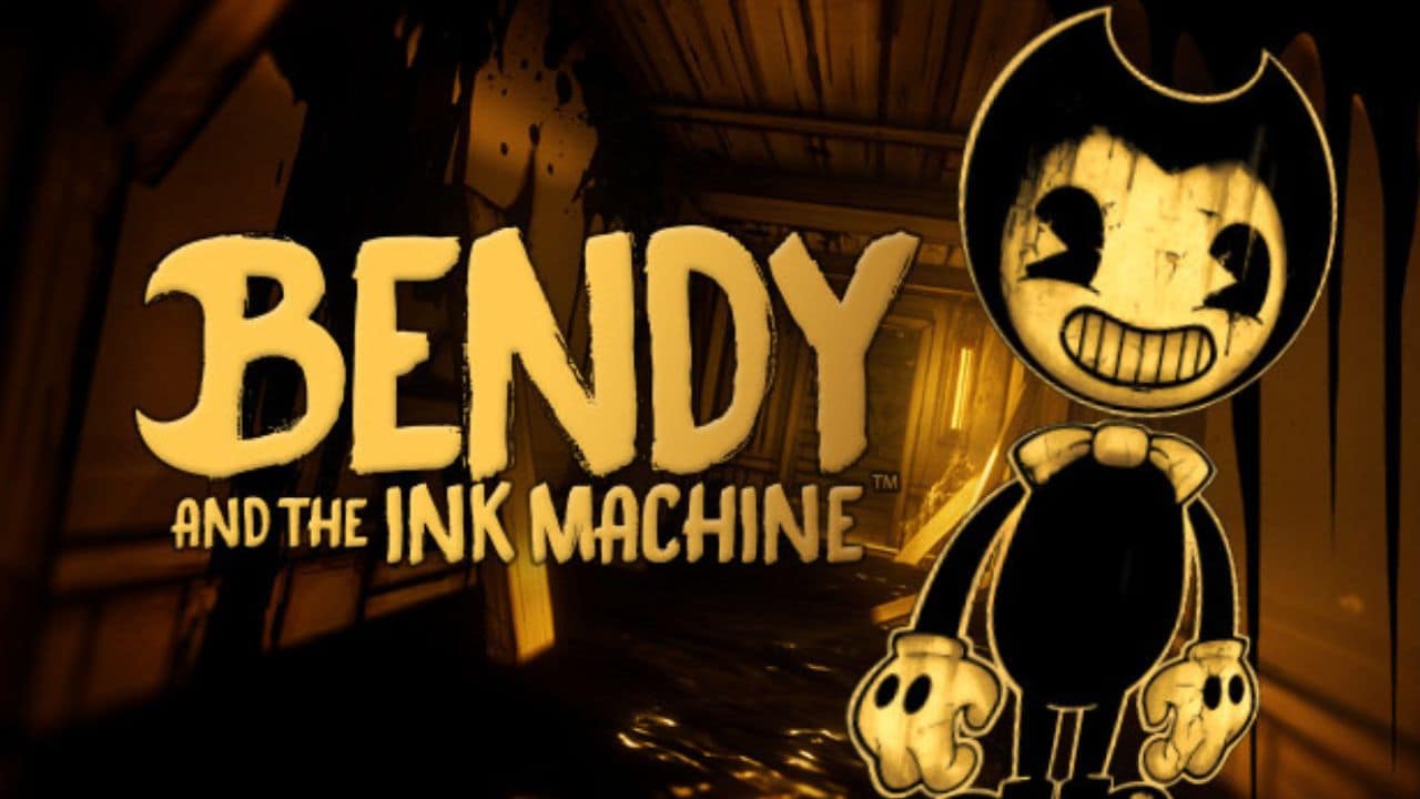 Banner do jogo Bendy and The Ink Machine. Com um cenário escuro, o nome do jogo está destacado em amarelo. A direita, há um personagem animado