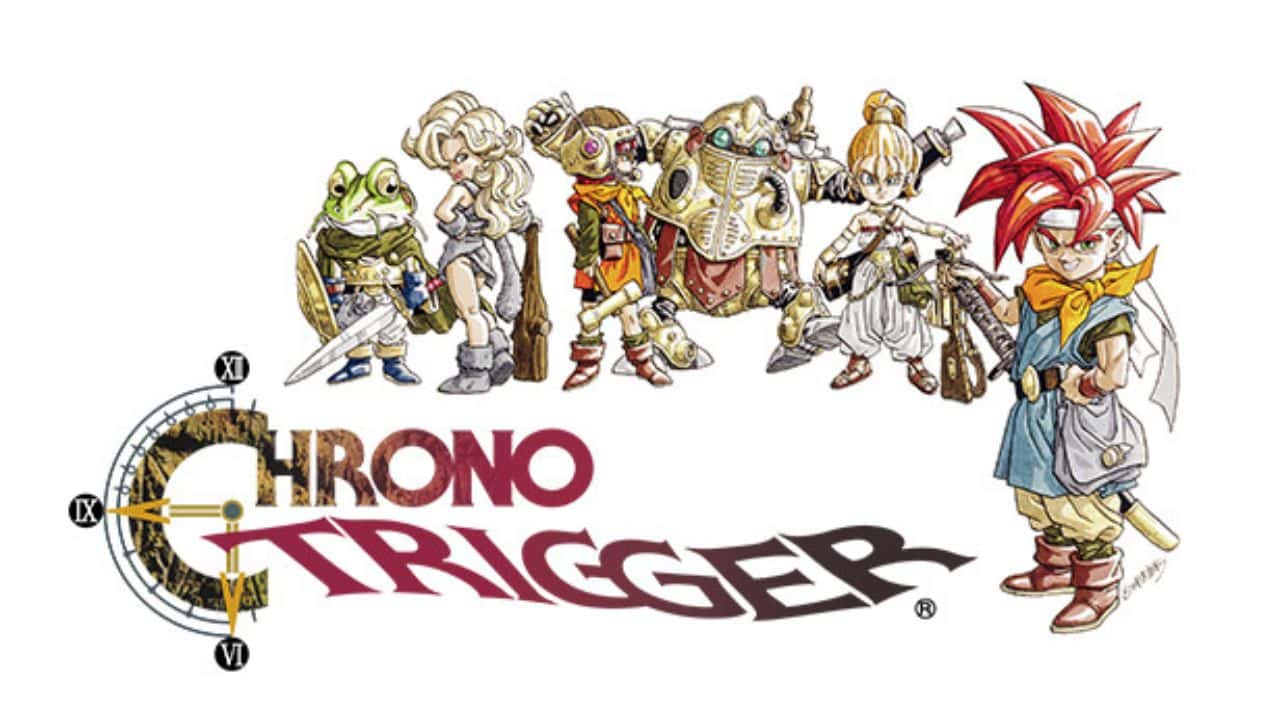 Banner do jogo RPG Chrono Trigger. na imagem, estão dispostos diversos personagens do game