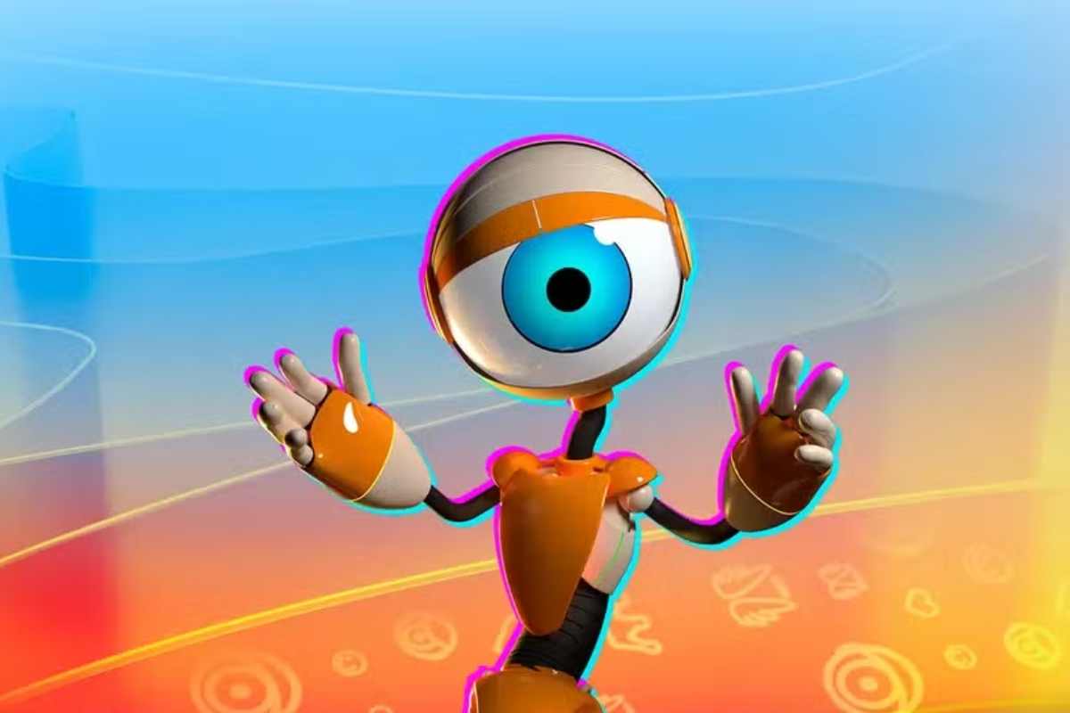 Mascote do reality show BBB em fundo laranja e azul. Trata-se deum robô com cabeça de olho.